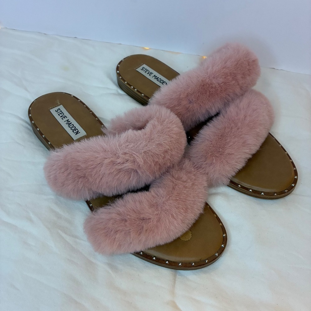 Steve Madden Pink Faux Fur Studded Slide Sandals Women's US 9.5 Coquette Glam